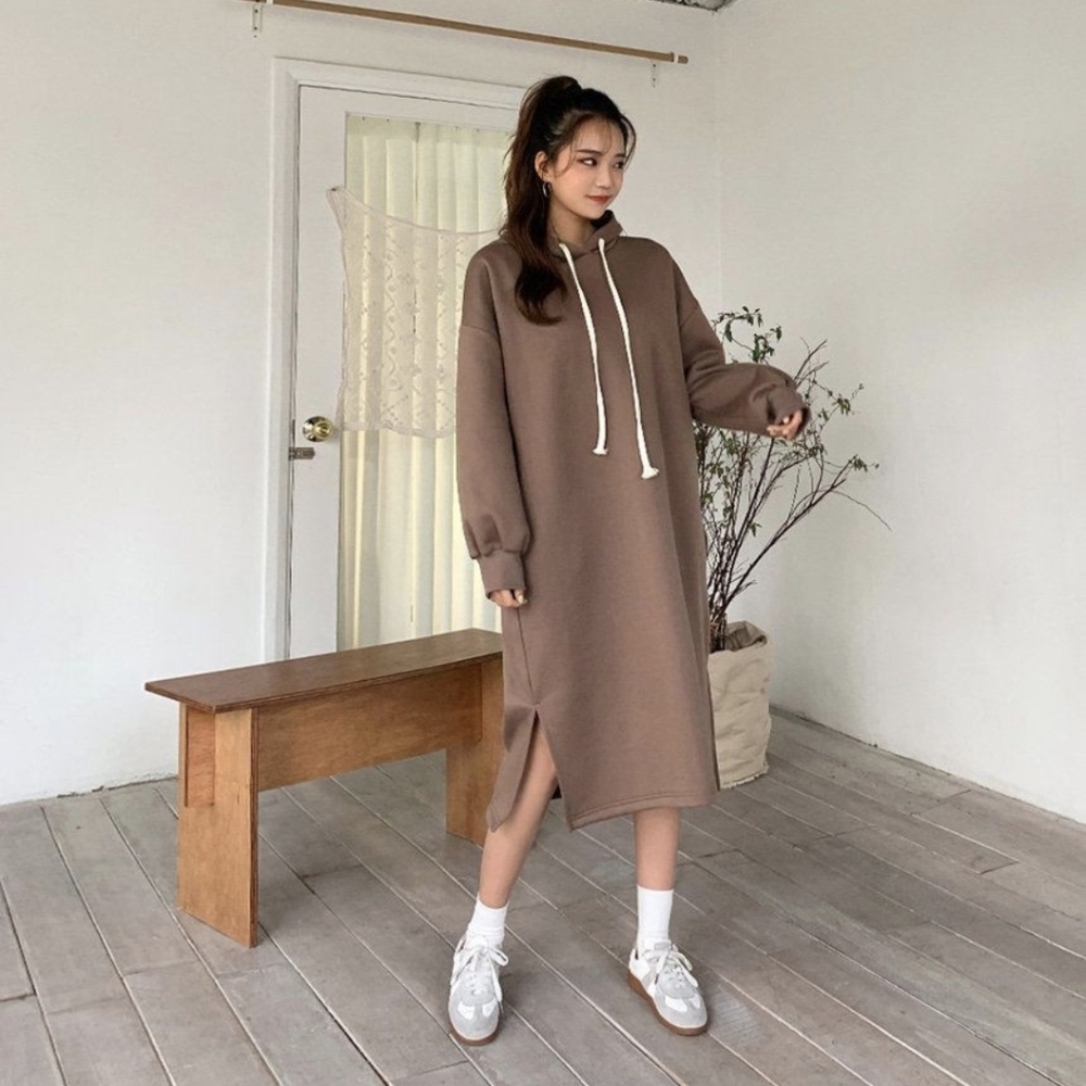Korean Fashion Hooded Brushed Fleece Lined Dress